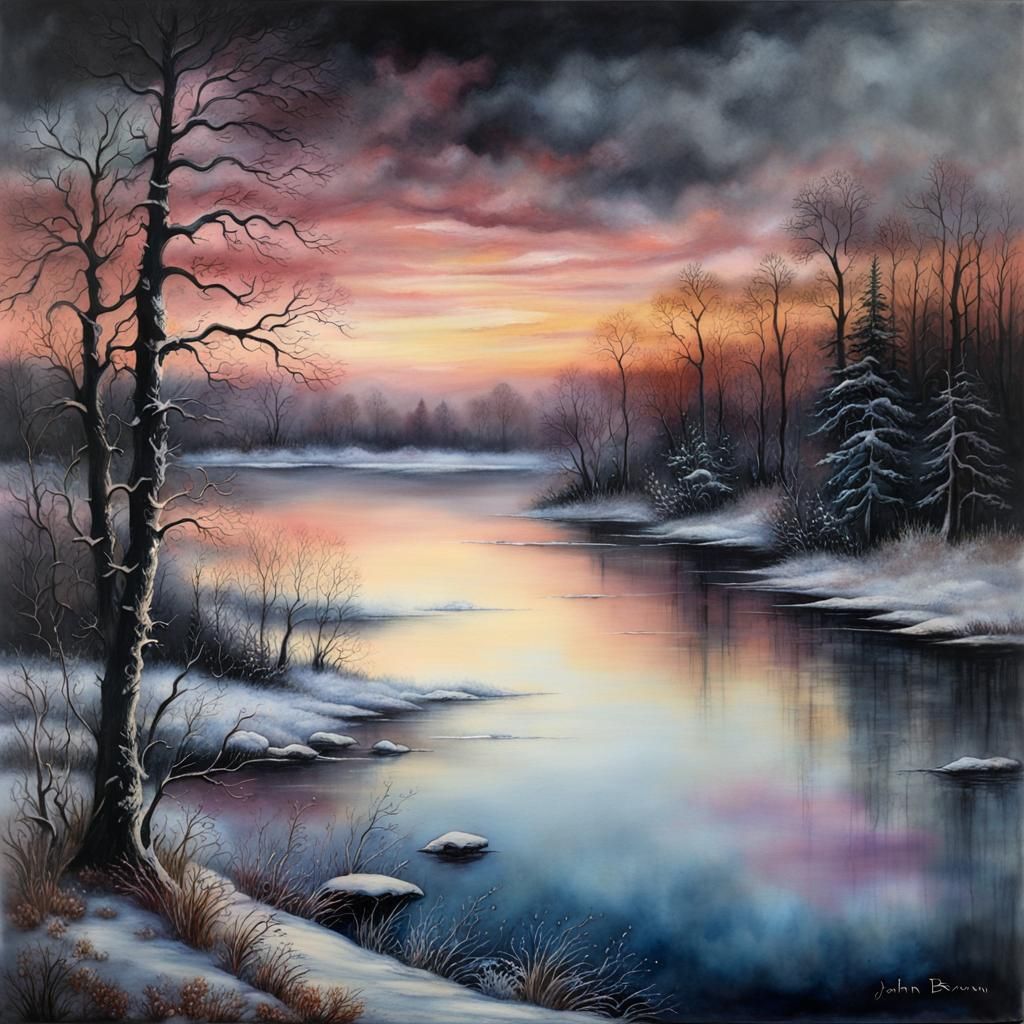 Ethereal Winter Lake Encaustic in Dark Fantasy Style