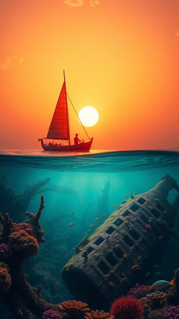 Sailboat Silhouetted Against Sunset, Fantasy Underwater Worl...