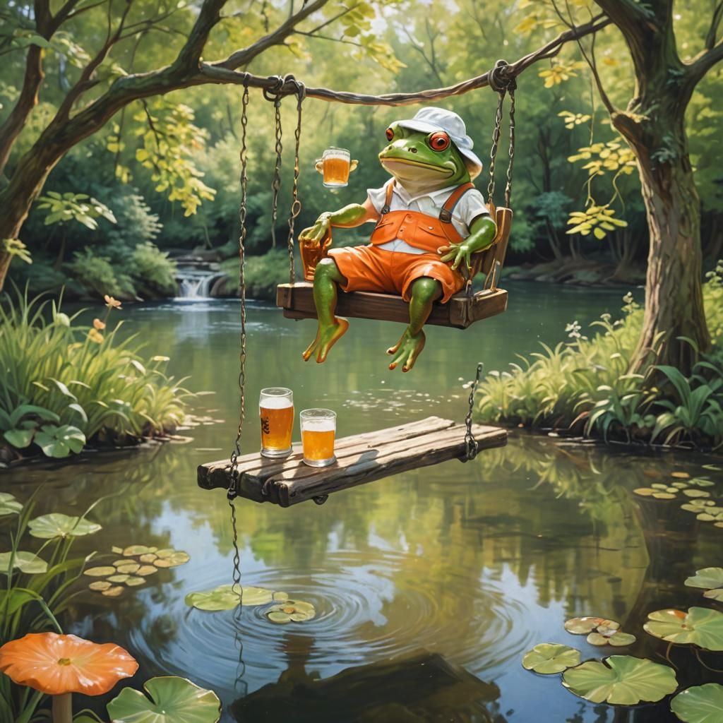Frog on Swing as Impressionist Fantasy Illustration