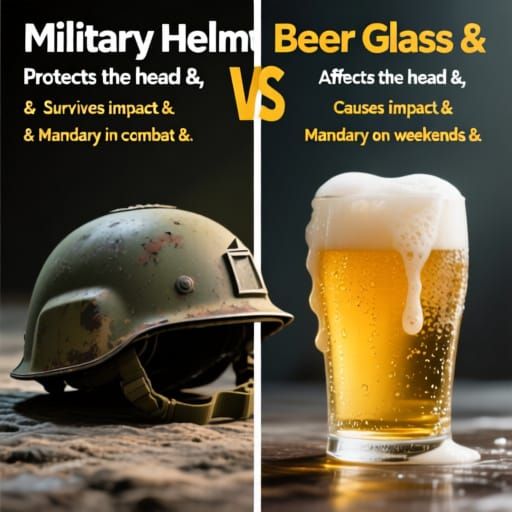 Military Helmet vs Beer Glass Poster: Humorous Comparison