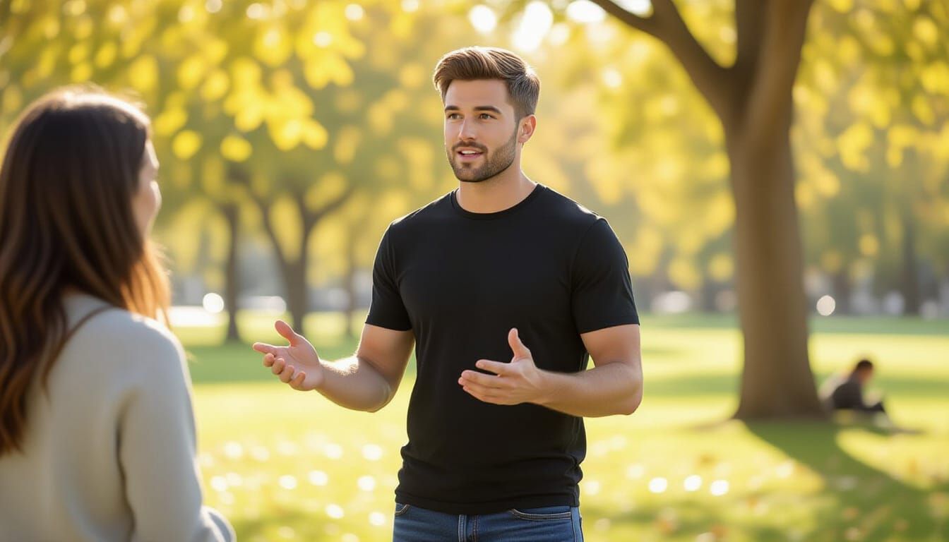 Man Talking to Friends in Park, Cinematic Lighting