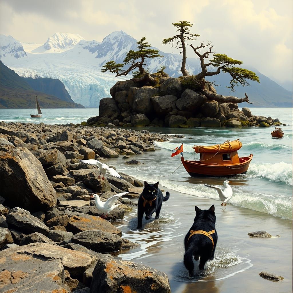 Cats, Birds, Glacier Coast in Dramatic Lighting