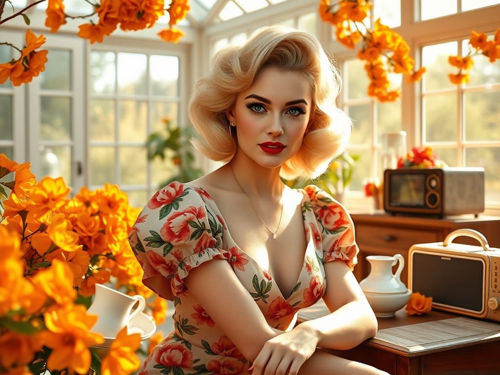 Elegant 1960s Hollywood Star in Sunlit Conservatory