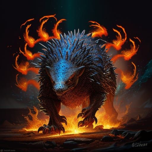 Hyperrealistic Hellfire Echidna in Fiery Action
