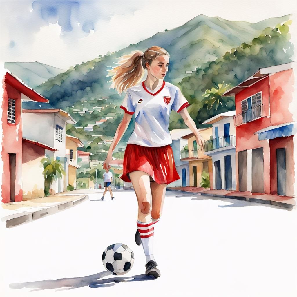 Watercolor Soccer Girl in Caribbean Street