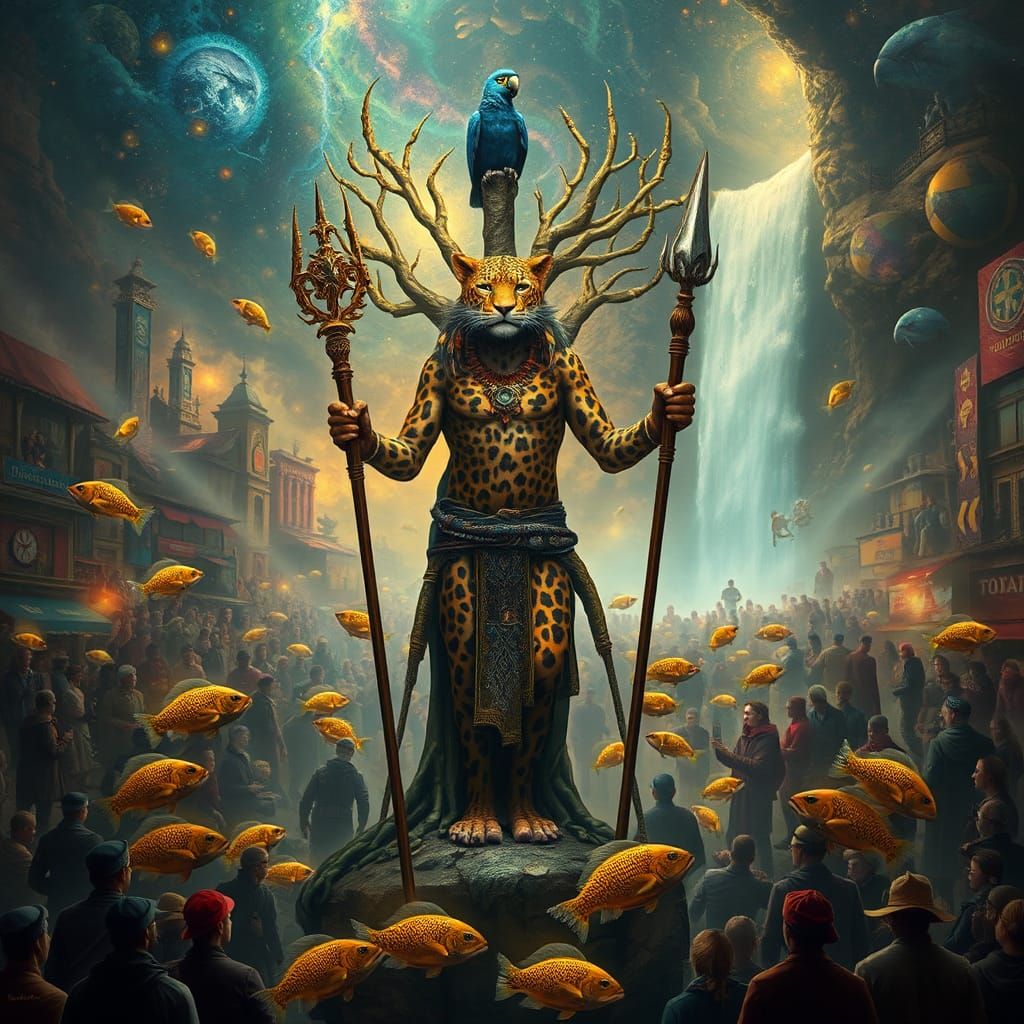 Leopard Shaman in Mystical Cityscape, Surreal Digital Art