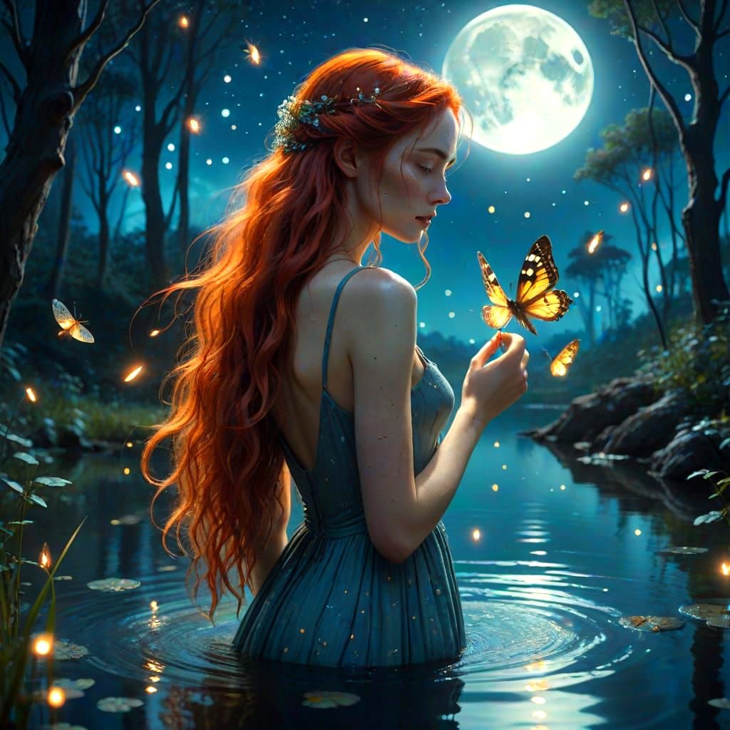 Firefly Night: Woman and Moth in Forest Pond