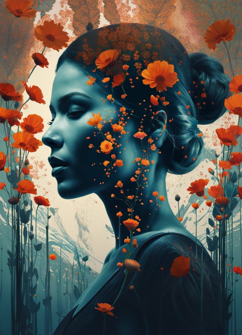 Graceful Silhouette in Flower Field: Double Exposure Art