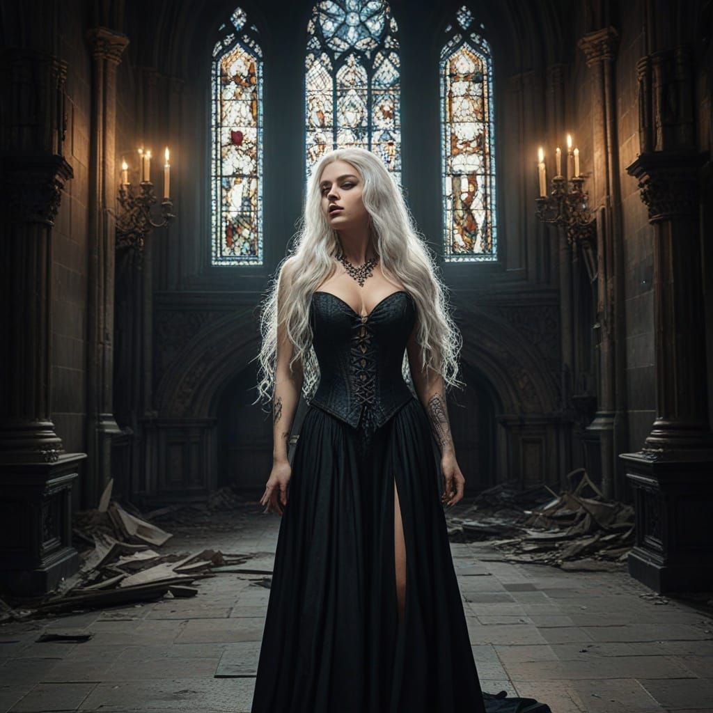 Voluptuous Sorceress in Gothic Cathedral