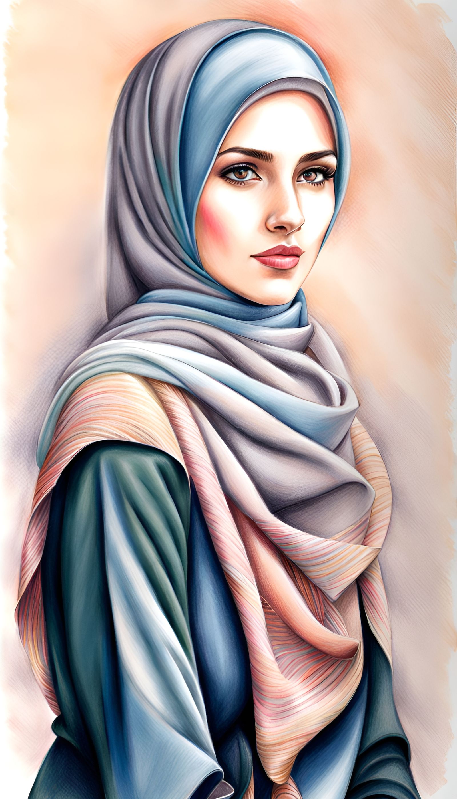 Beautiful Young Woman in Hijab: Colored Pencil Drawing