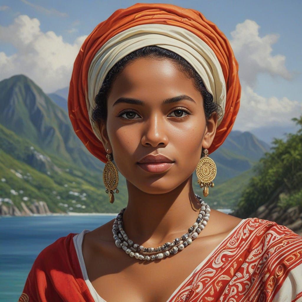 Seychelloise Woman in Traditional Garb, Raphael Oil Painting...