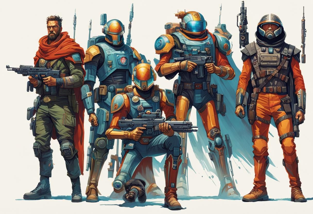 widescreen lineup of 5 heroic futuristic sci-fi freedom fighters: droid in front, futuristic alien warrior holding battl...