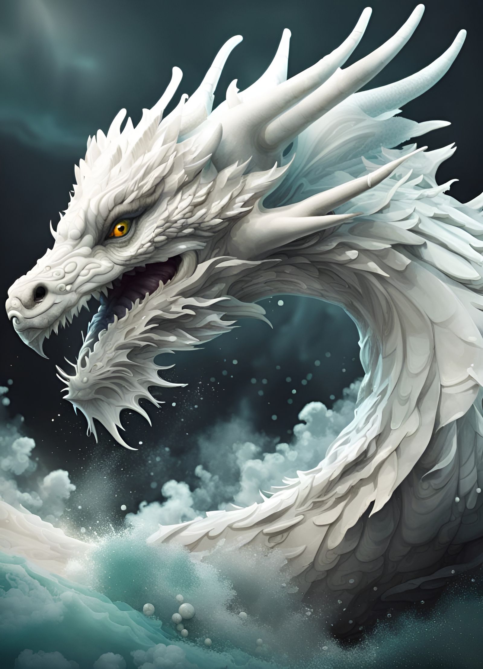 White Dragon Emerges from Stormy Sea in 16k