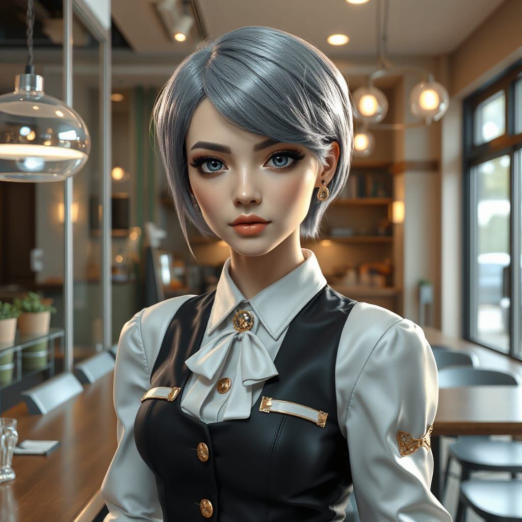 A beautiful humanoid waitress in a cozy coffee shop.