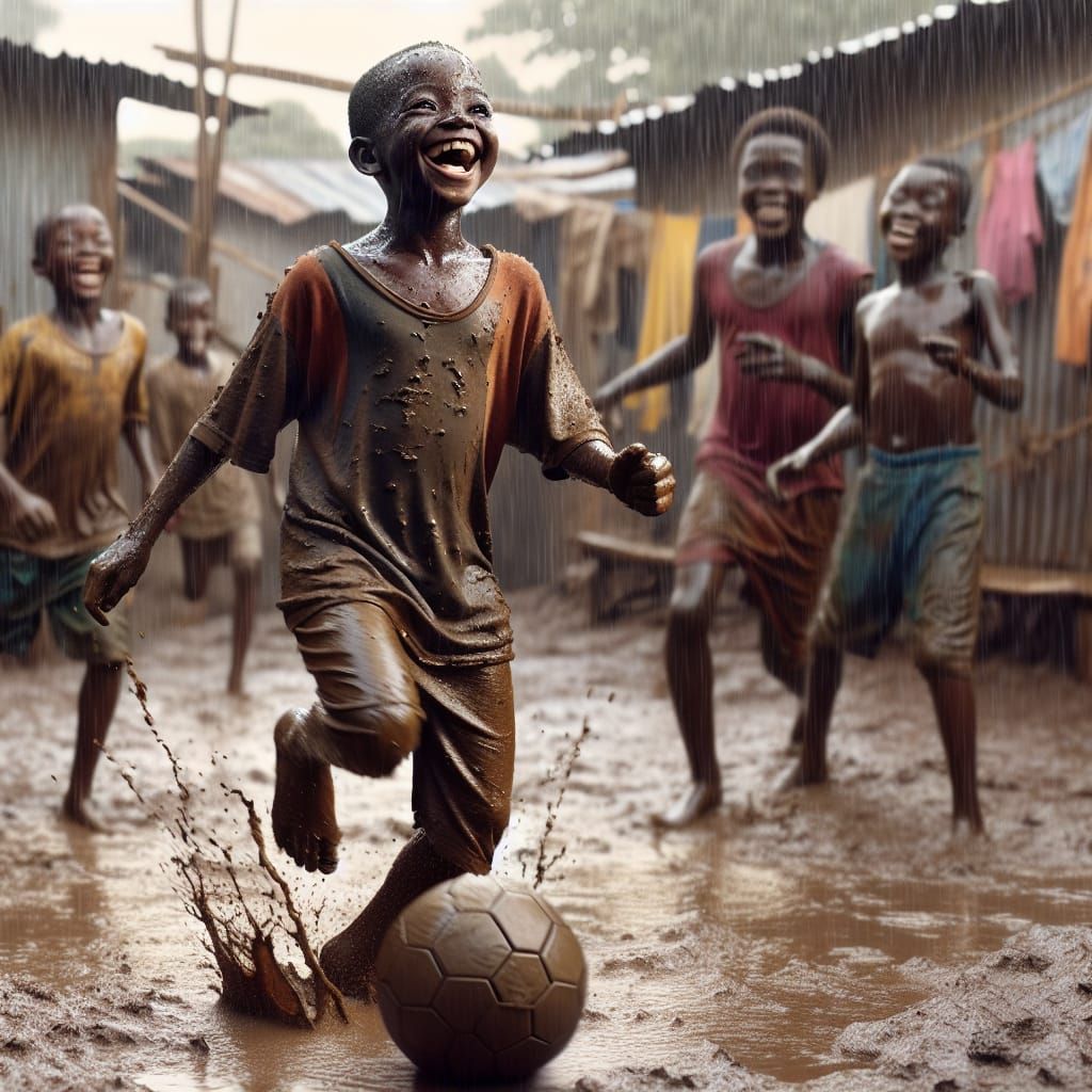 Joyful Children Playing Soccer in African Slum