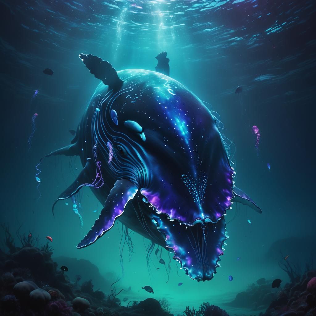 Bioluminescent Whale in Deep Sea, Neon Colors