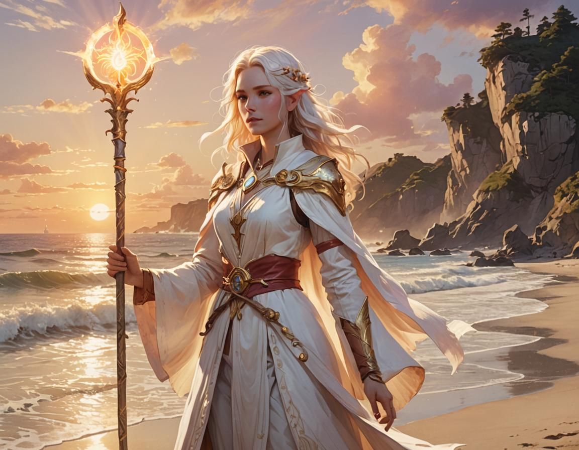 White Mage at Sunset: Vibrant Digital Art