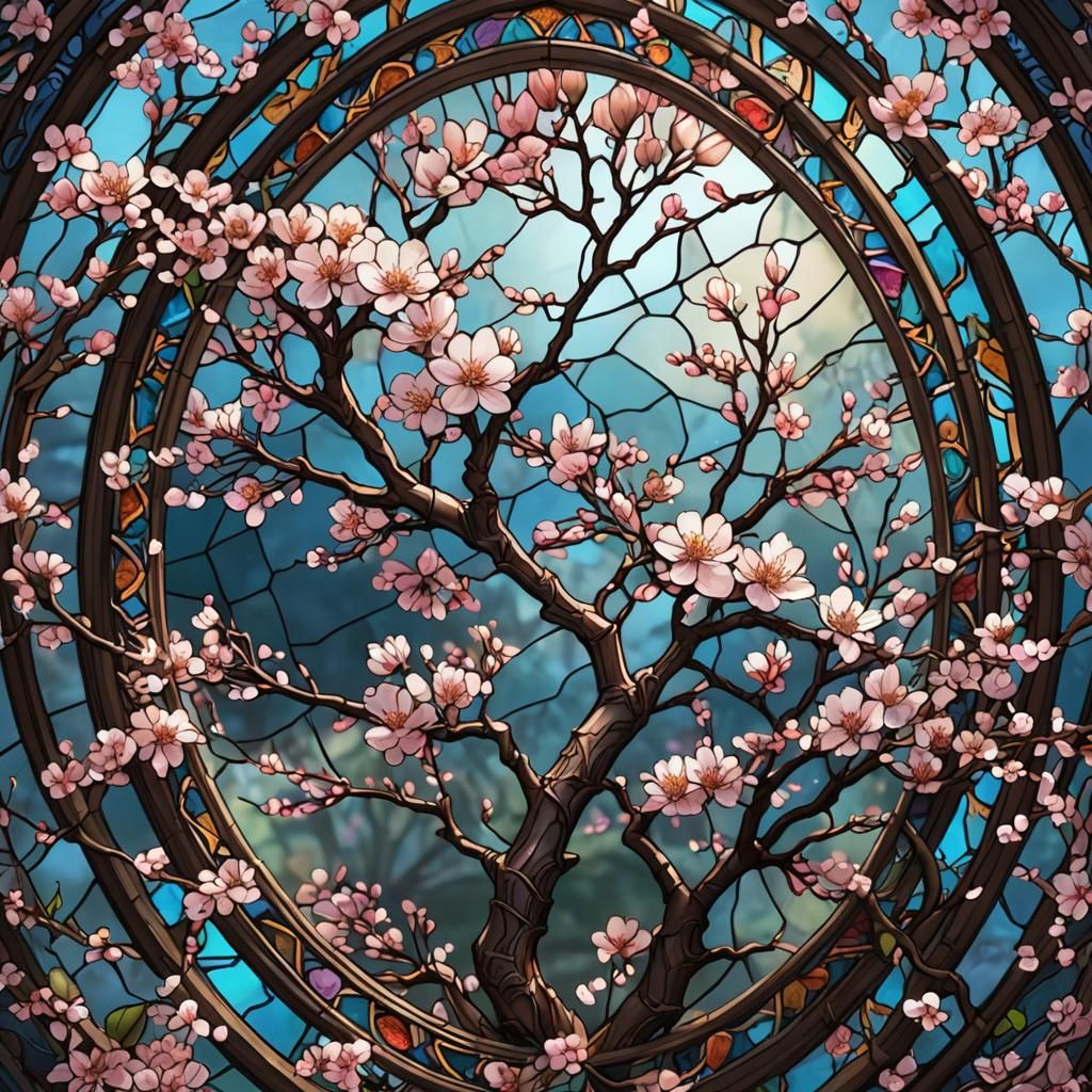 Stained Glass Cherry Blossom Branch in Deep Color