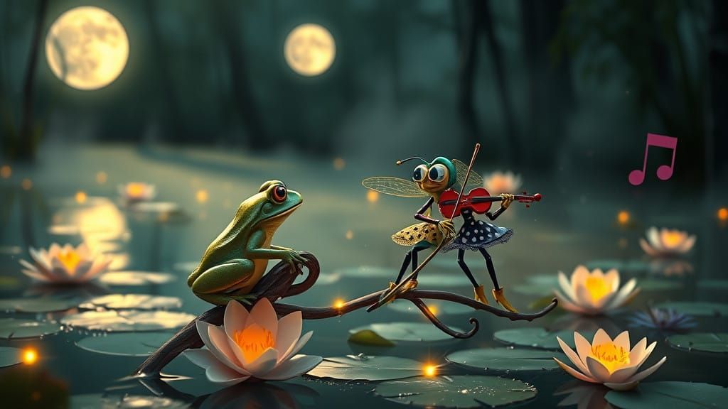 Whimsical Moonlit Swamp Scene in Photorealistic Style