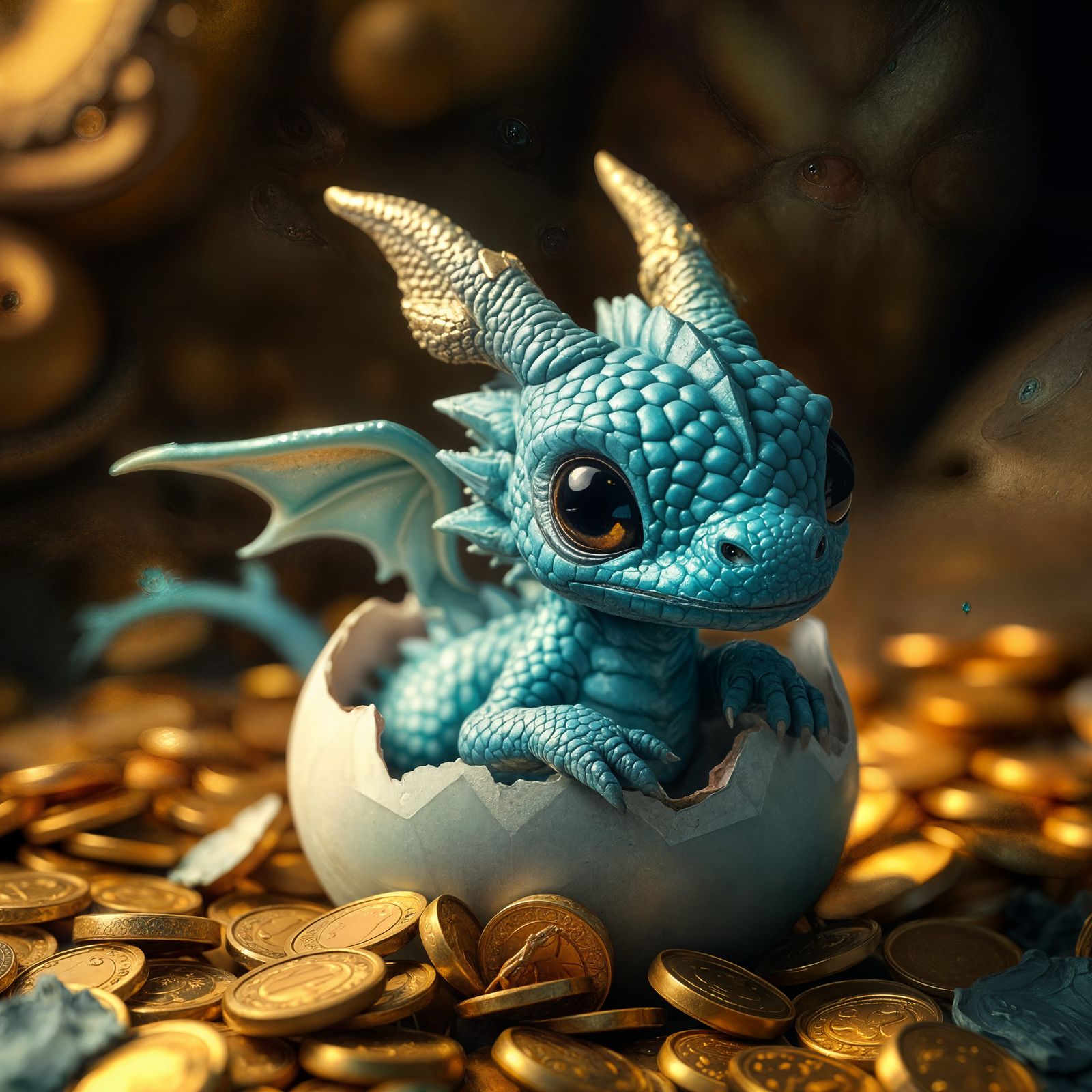 A aquamarine baby dragon hatching from it’s egg on a pile of...