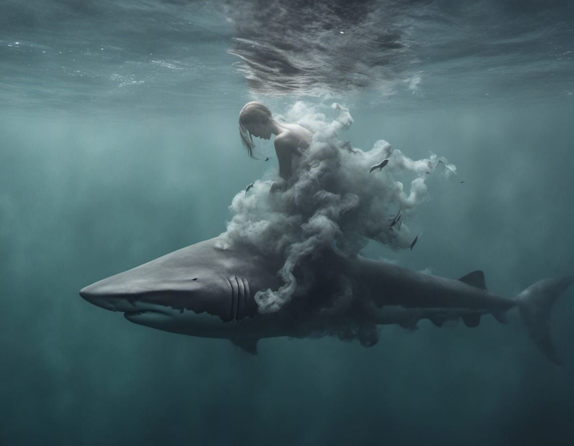 Hypnotic Octopus Cuddles Shark in Smokey Sea