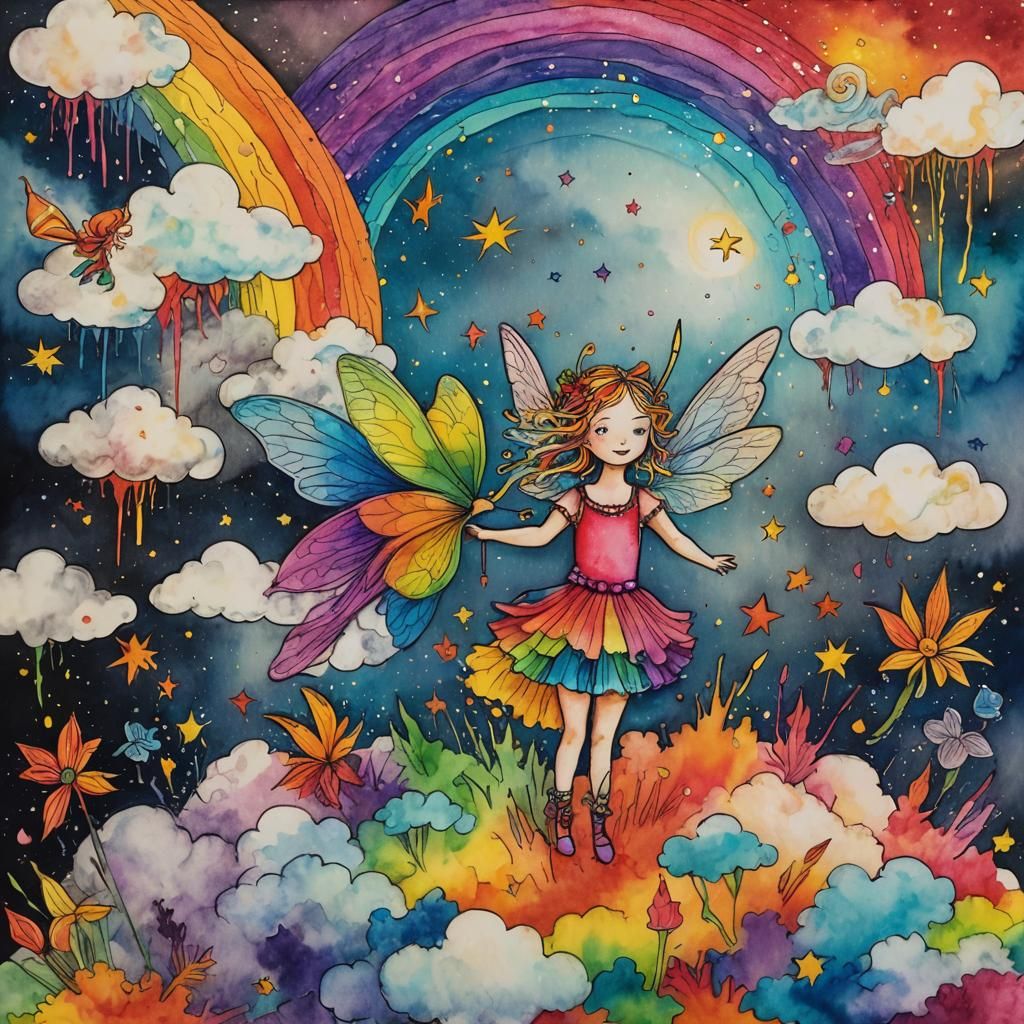 Rainbow Fairy in a Surreal Crayon Drawing