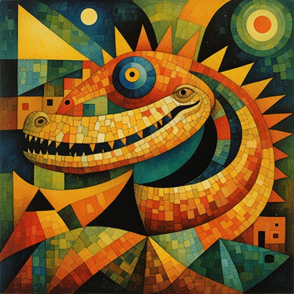 Surreal Cubist Alligator in Warm Golden Hues