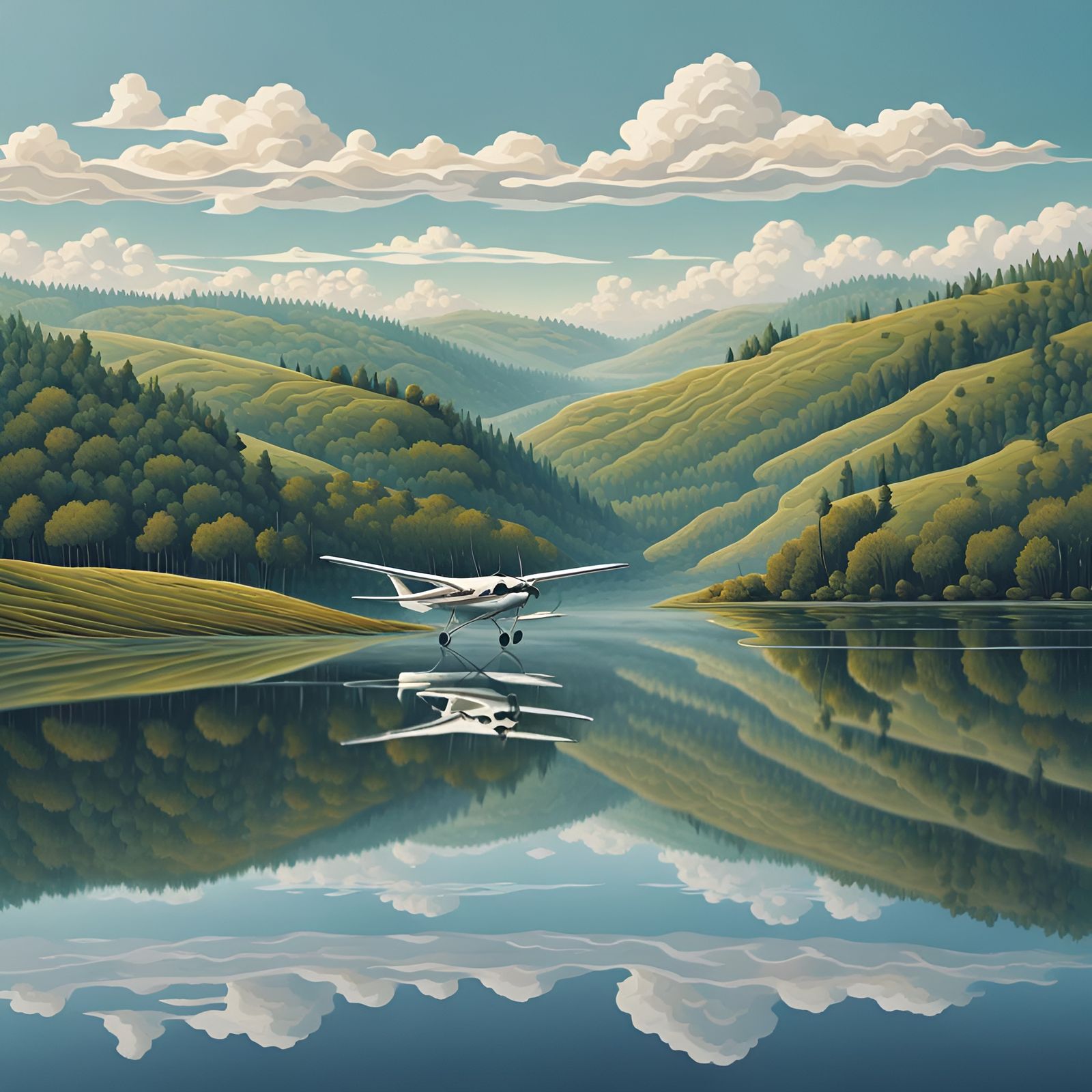 Still Lakeside Reflection with Distant Hills