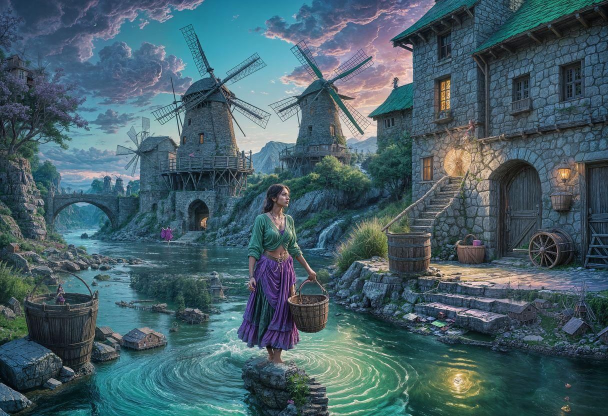 Detailed Landscape with Windmills and Colorful Sky