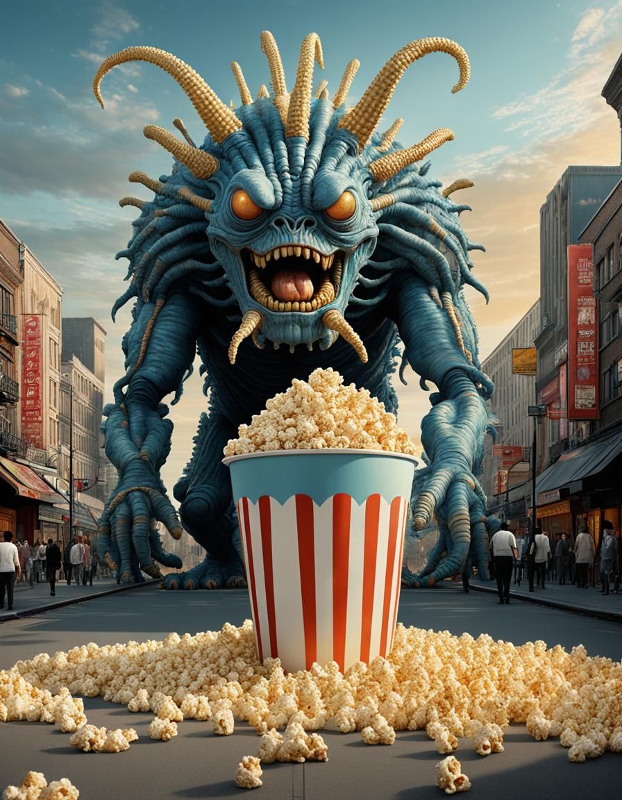 Giant Popcorn Monster in Hypermodern Style