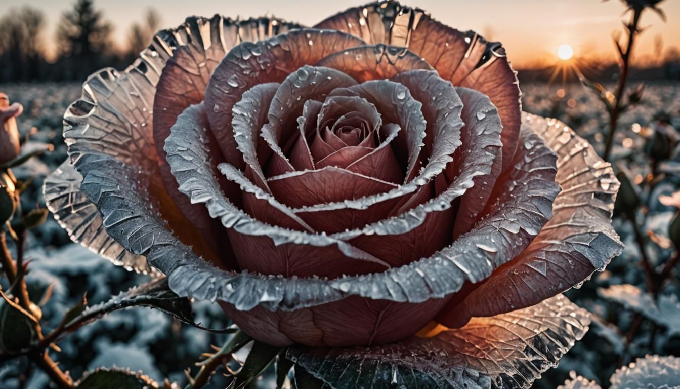 Iced Rose: A Sunrise Close-Up Photograph