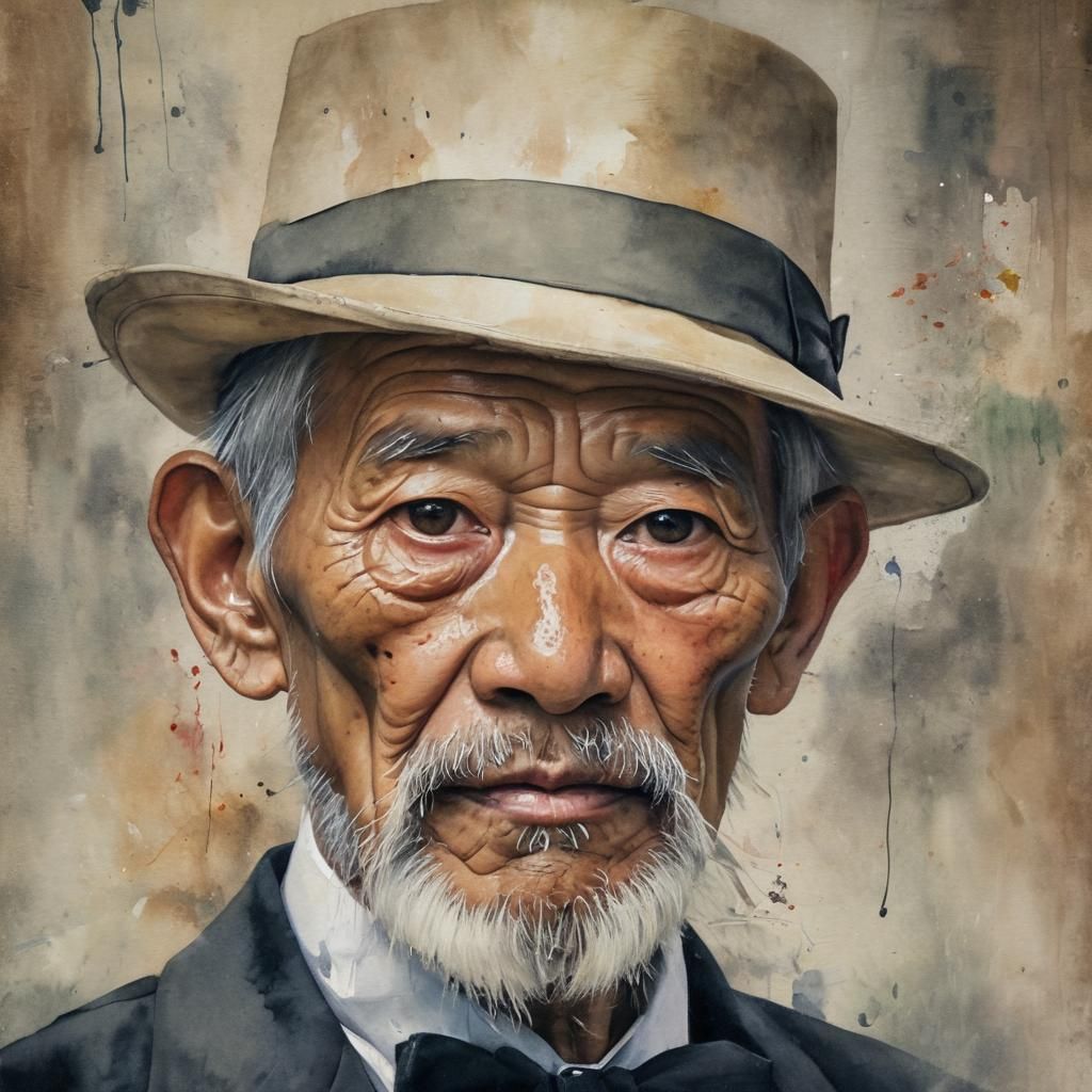 Elegant Watercolor Portrait of Elderly Asian Gentleman