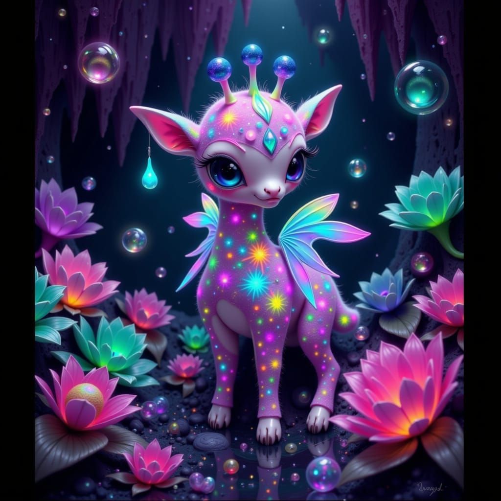 Winged Giraffe in Alien Cave, a Whimsical Scene