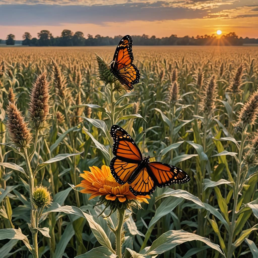 Giant Monarch Butterfly on Flower at Sunset