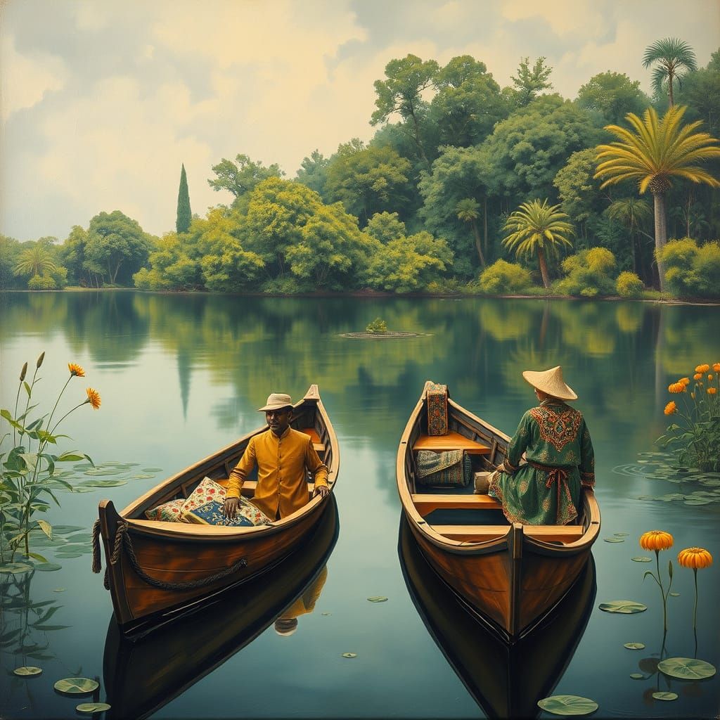 Surreal Boats on a Dreamlike Lake in the Style of Jan Zrzavy