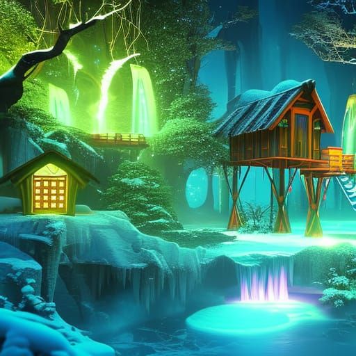 Fantasy Game Level: Elven Treehouse Village at Night