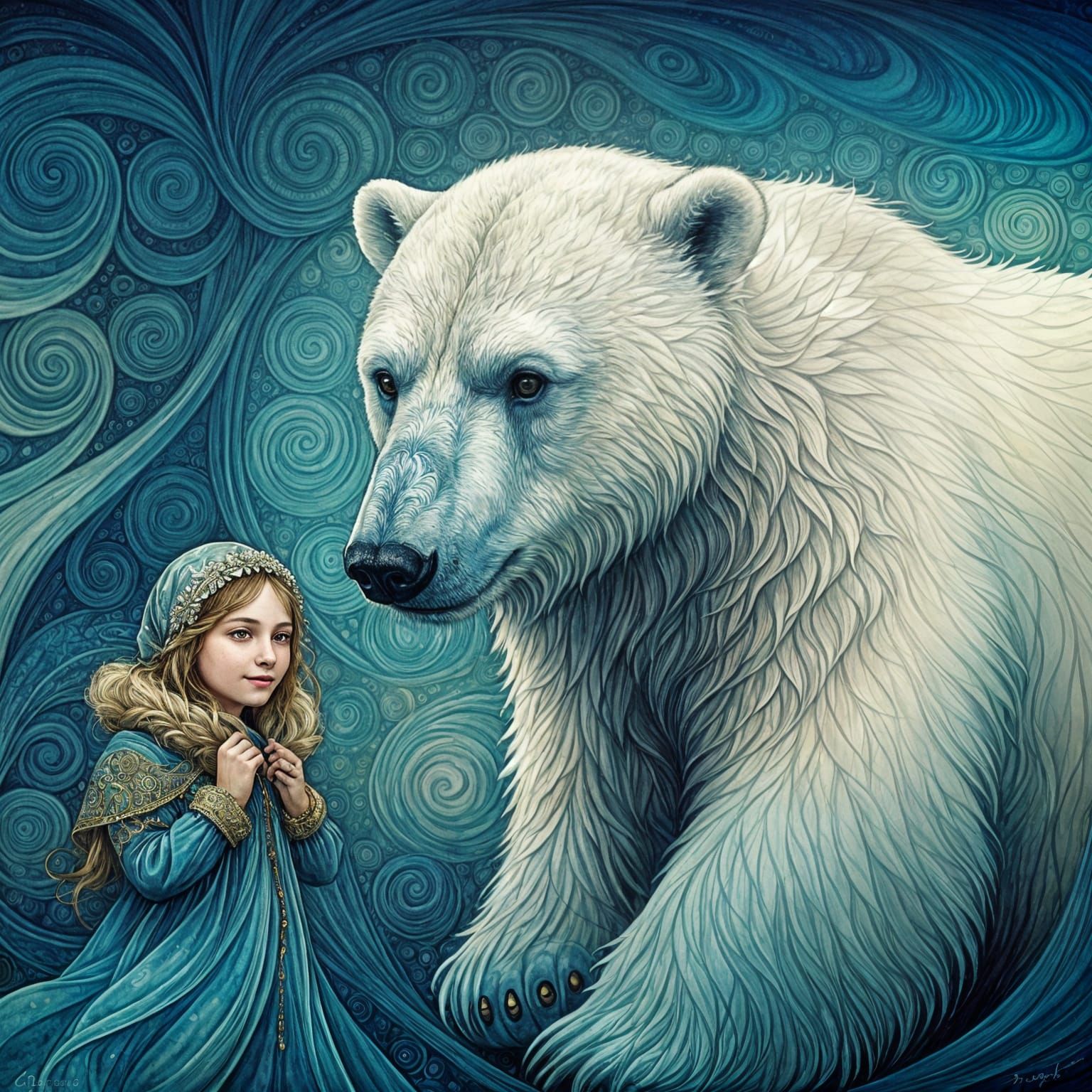 Whimsical Watercolor Encounter in Art Nouveau Style