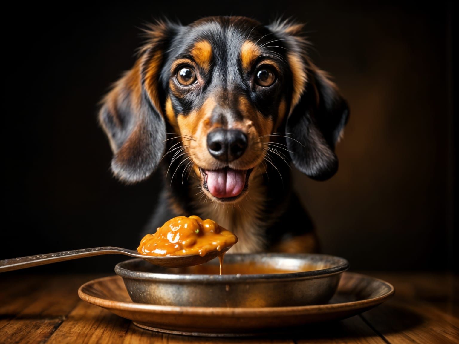 Dachshund Licks Sauce Off Wooden Spoon in Dramatic Light