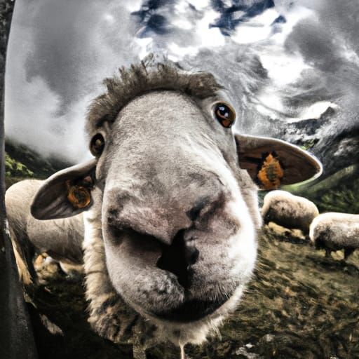 Close-Up Sheep Portrait in Mountain Landscape