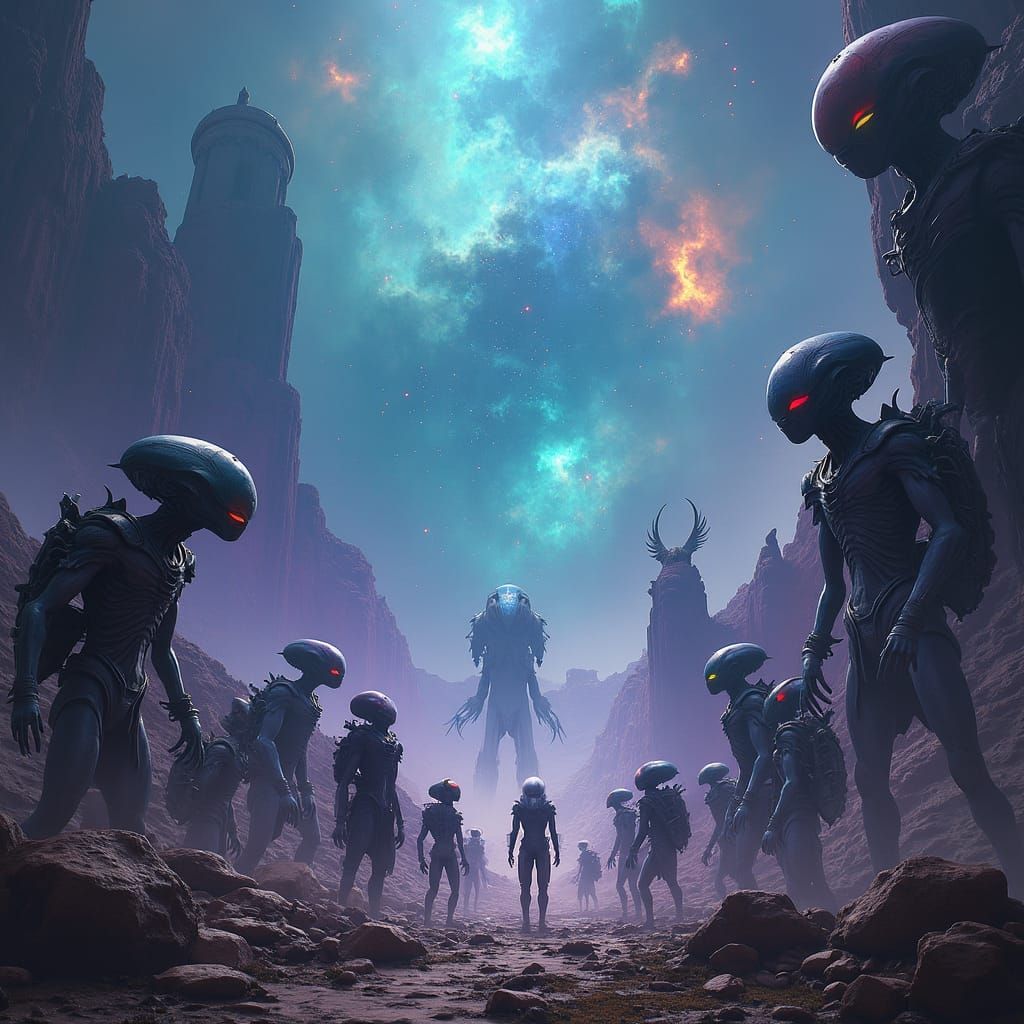 Diverse Aliens Gather in a Vibrant Nebula