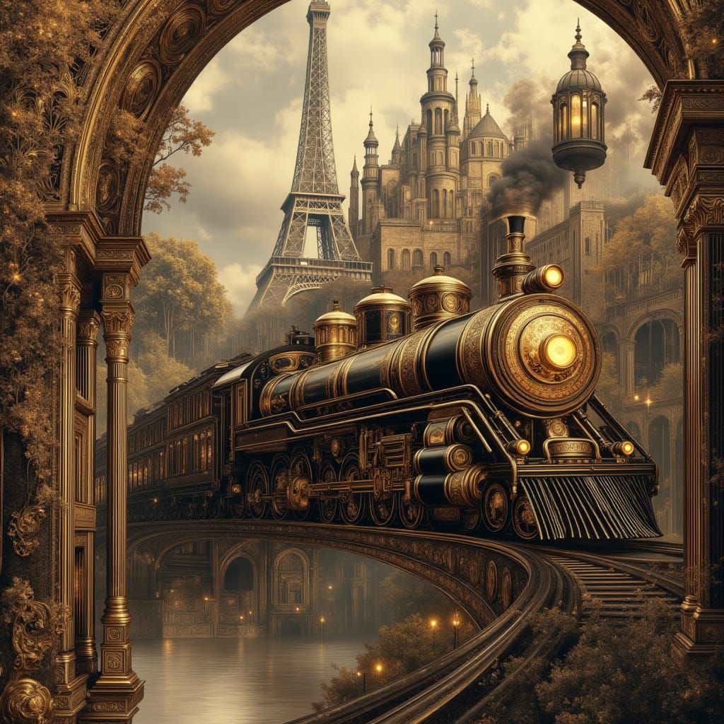 Golden Steam Locomotive in Paris, Retrofuturistic Style