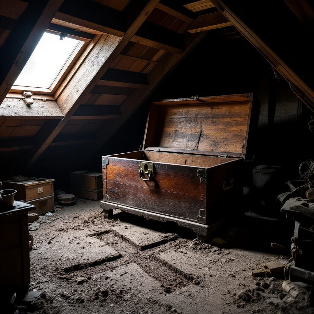 Dusty Attic Treasure Chest with Scratched X
