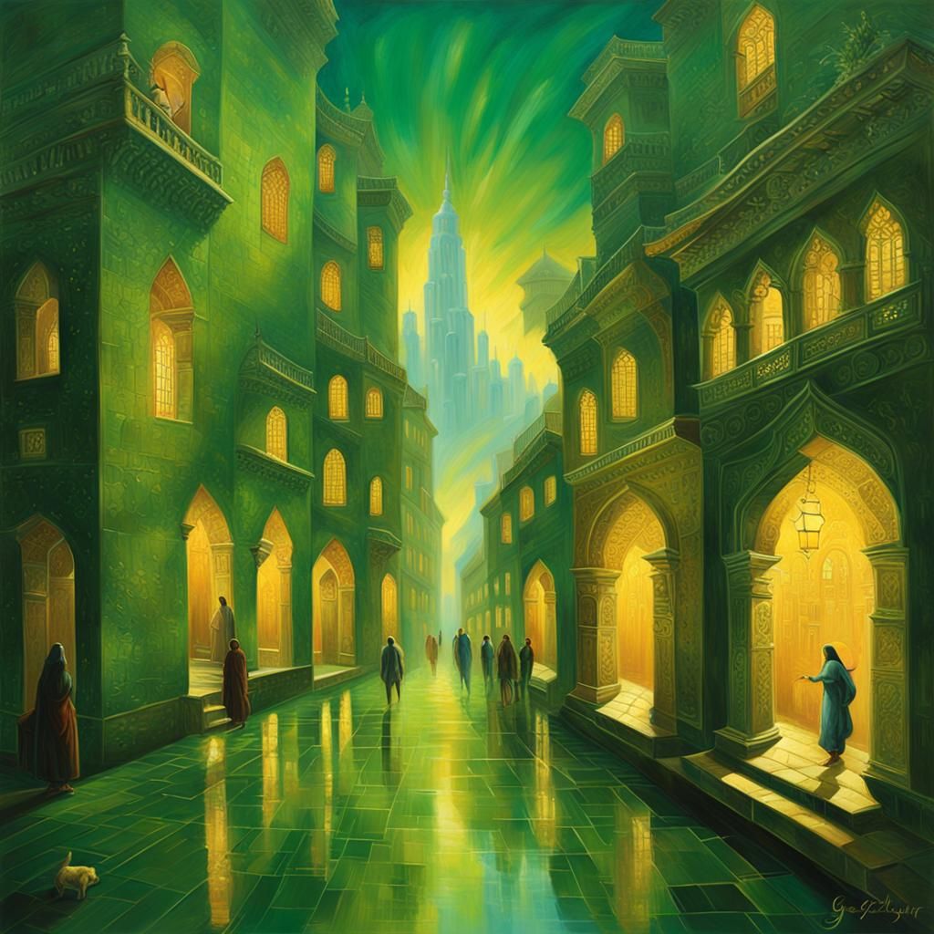 Heavenly Cityscape with Golden Streets in Hyperrealism