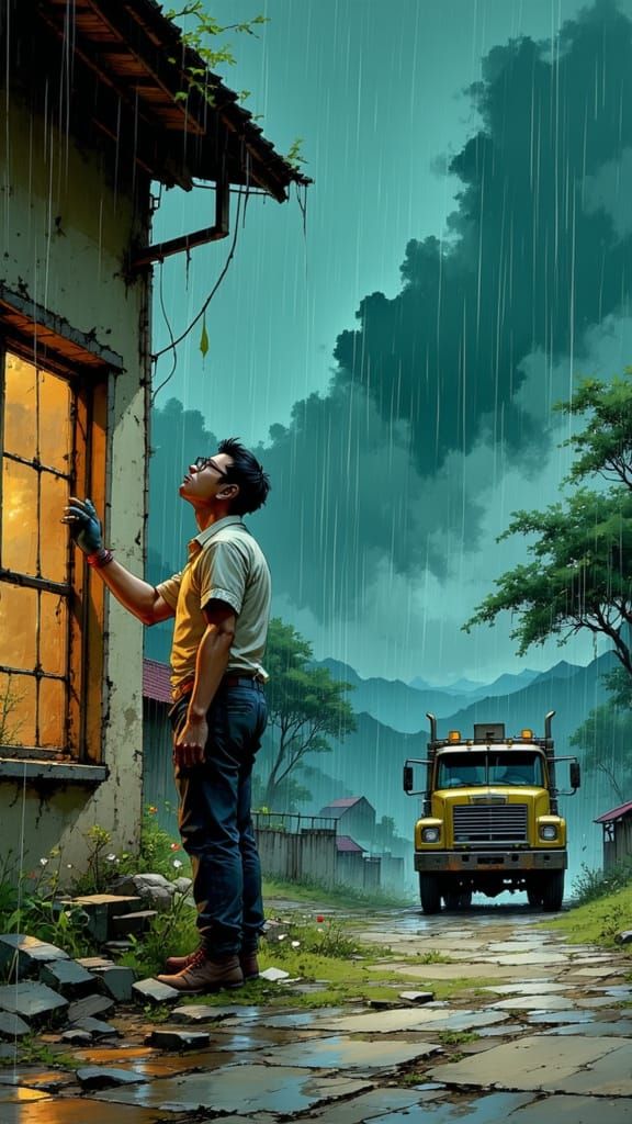 Anime Style Man Repairs House in Storm