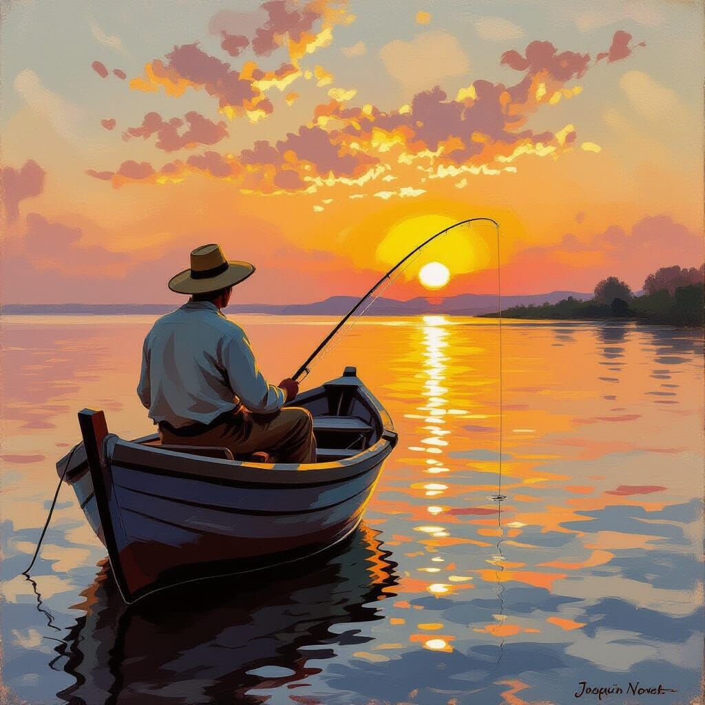 Fisherman's Sunset: Impressionist Painting of Tranquility