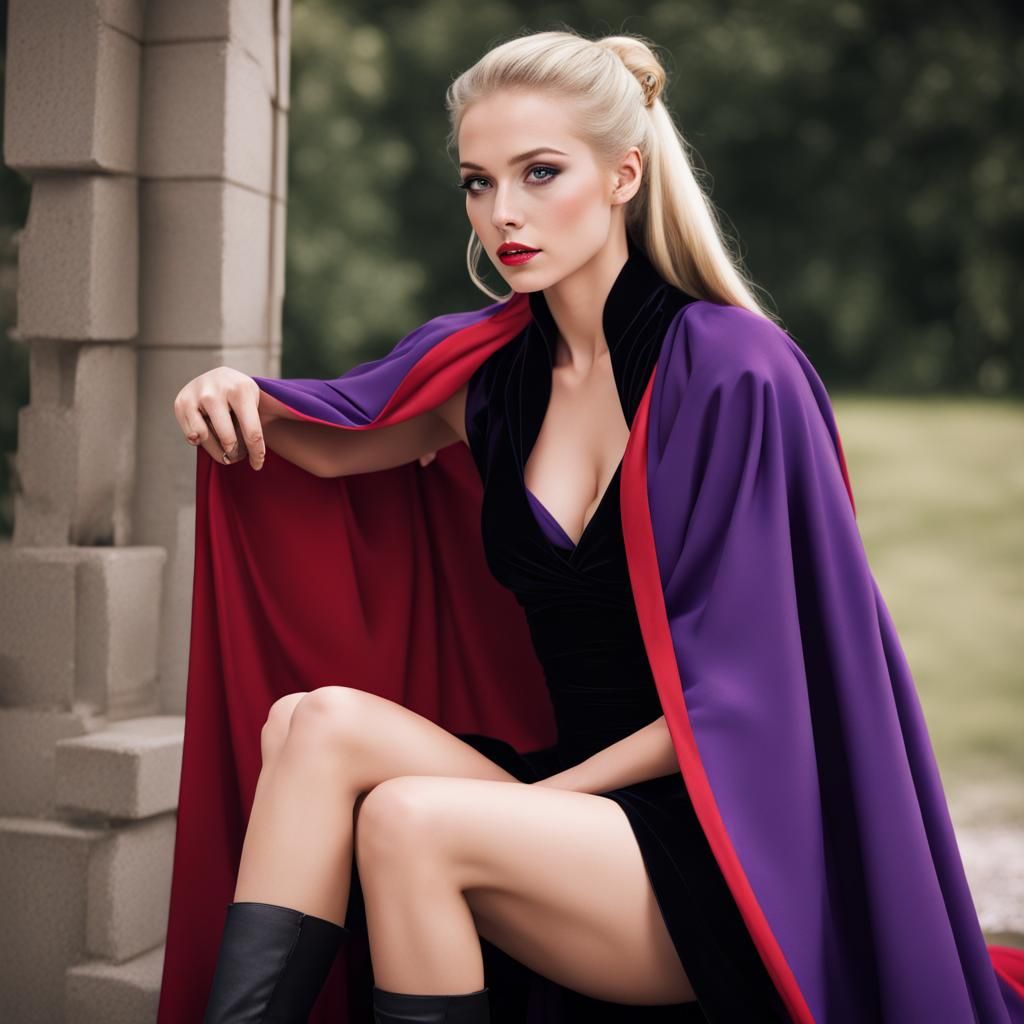 Long blonde ponytail red skirt black cloak purple lining sitting