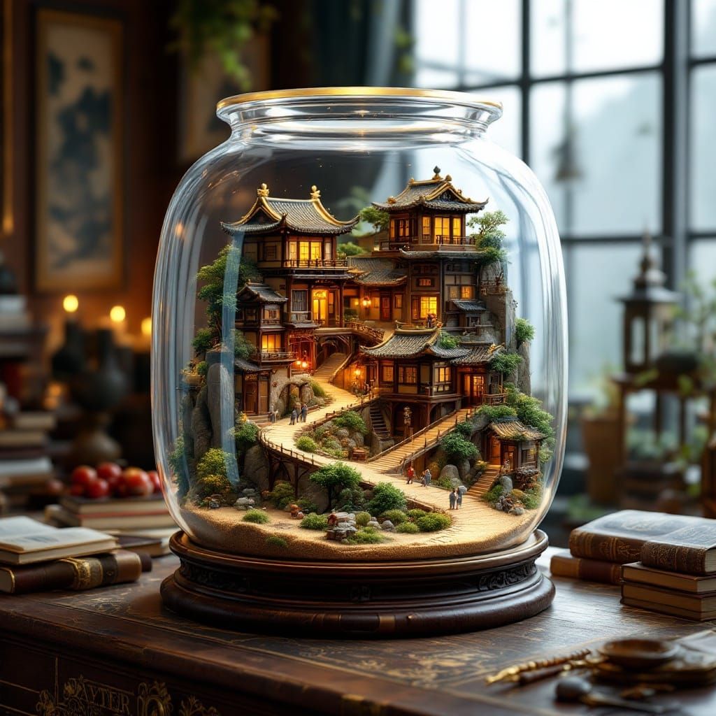 Whimsical Chinese Village Diorama in an Antique Apothecary J...