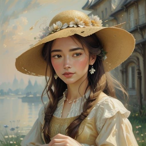 Impressionist Portrait of a Woman in a Floral Straw Hat