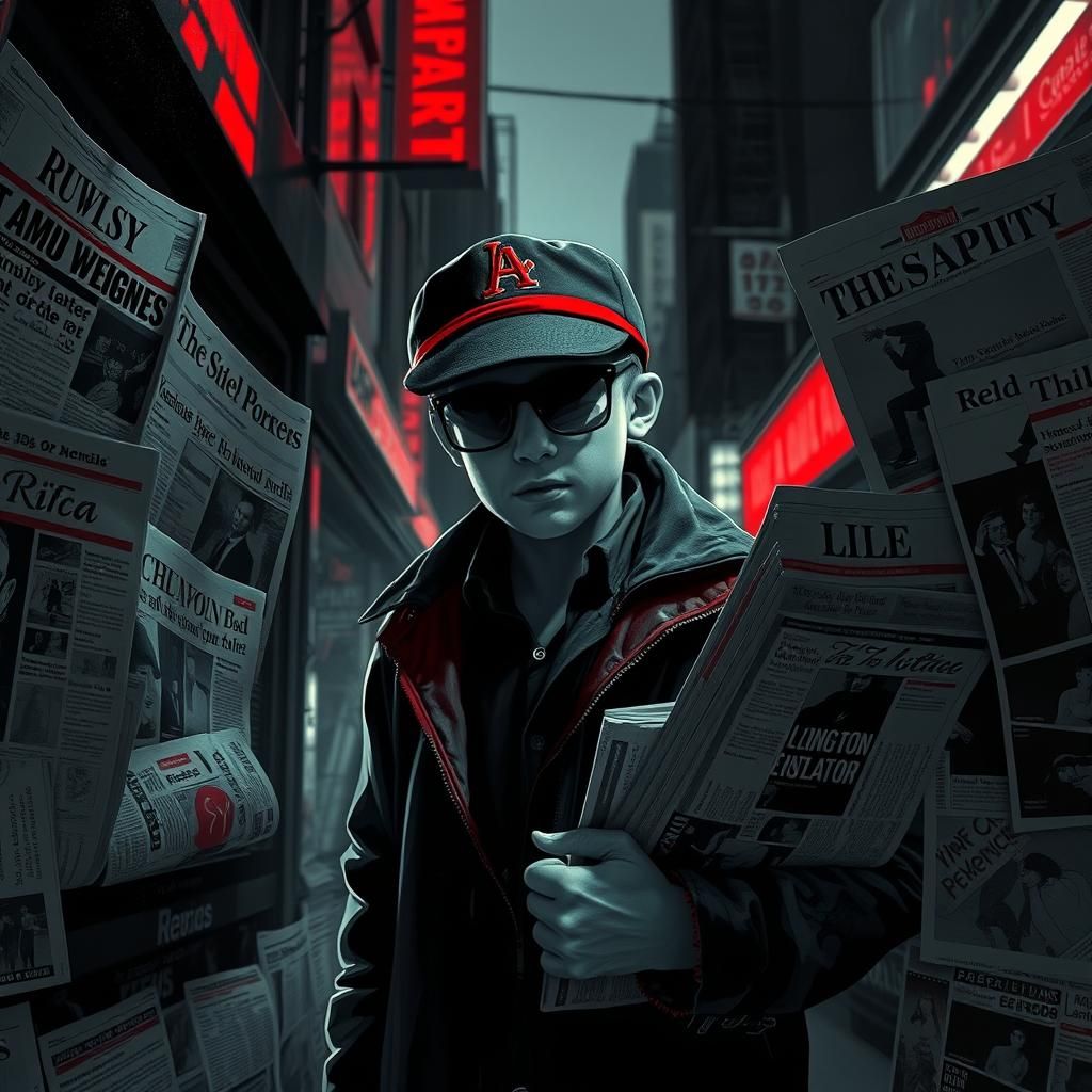 Newsboy in Noir Cityscape with Red Accents