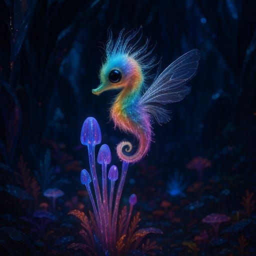 Surrealistic Rainbow Seahorse Perched on Neon Plants